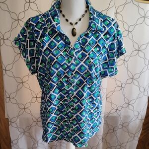 Adrienne Vittadini Blue and Green Geometric Button Down Shirt